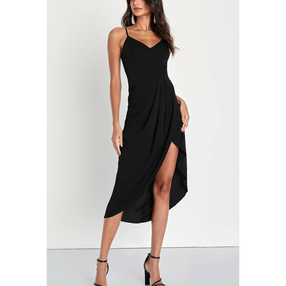 NWT Lulus Black V-Neck Tulip Wrap Midi‎ Dress Adjustable Straps Size Large